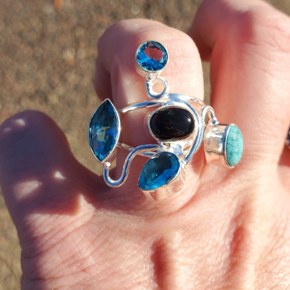 New Twisted Black Onyx, Turquoise and Blue Topaz Silver Ring. - Picture 12 of 12